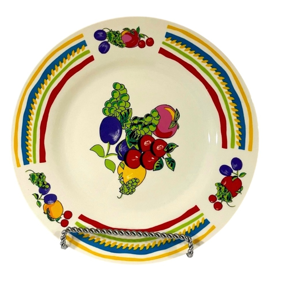 Fine Porcelain Plate Painted Fruit Vibrant Colors of Stripes around Rim
